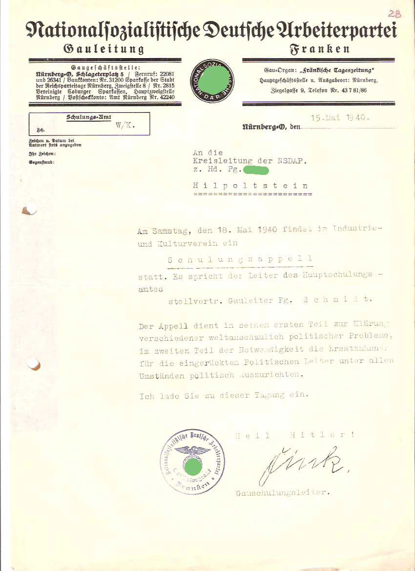 NSDAP - Dokumente, Urkunden, Briefe, Behördenpost